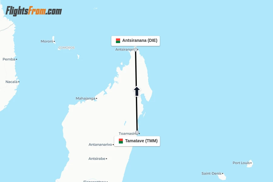 Flights from Tamatave to Antsiranana route map