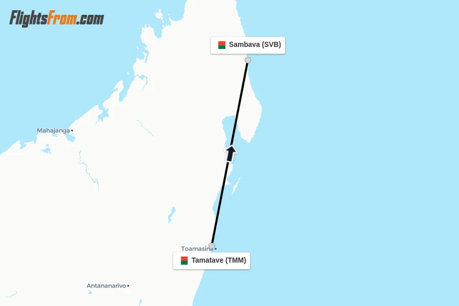 Flights from Tamatave to Sambava route map
