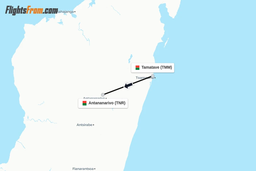 Flights from Tamatave to Antananarivo route map