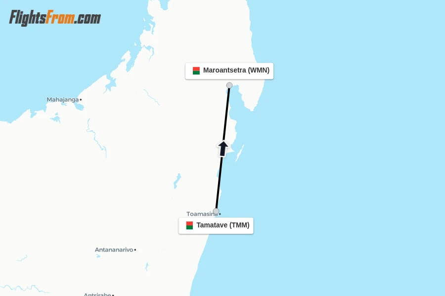 Flights from Tamatave to Maroantsetra route map