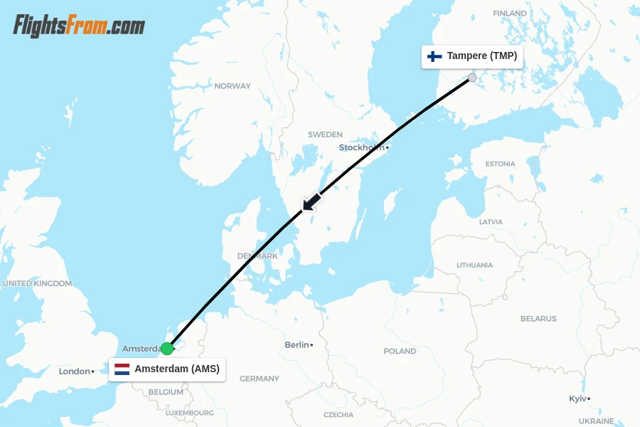 Flights from Tampere to Amsterdam route map