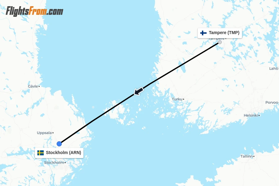 Flights from Tampere to Stockholm route map