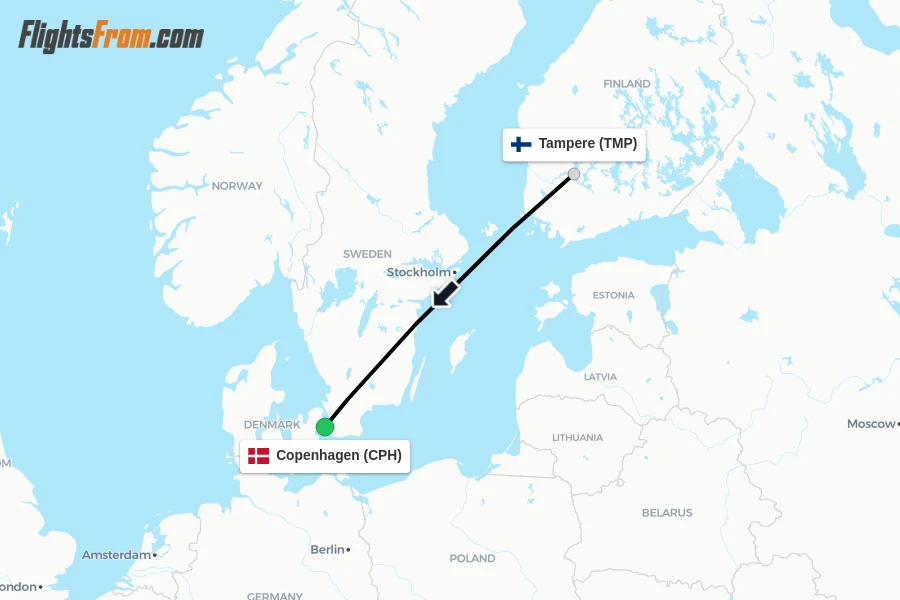 Flights from Tampere to Copenhagen route map