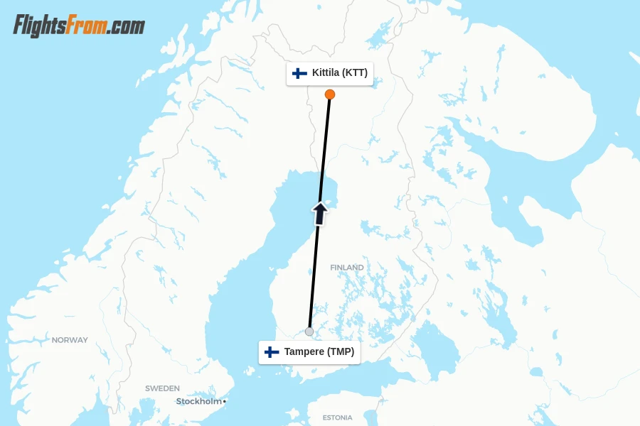 Flights from Tampere to Kittila route map