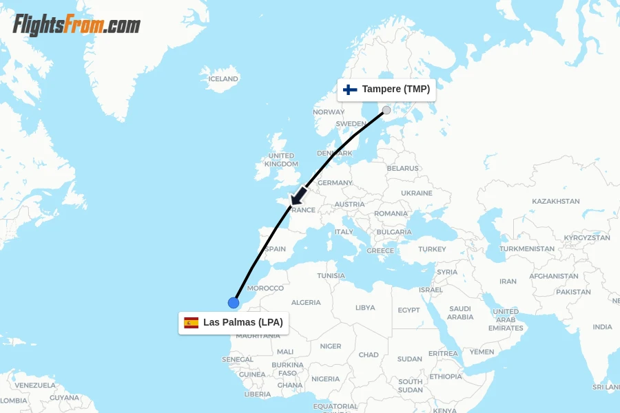 Flights from Tampere to Las Palmas route map