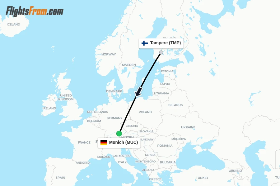 Flights from Tampere to Munich route map