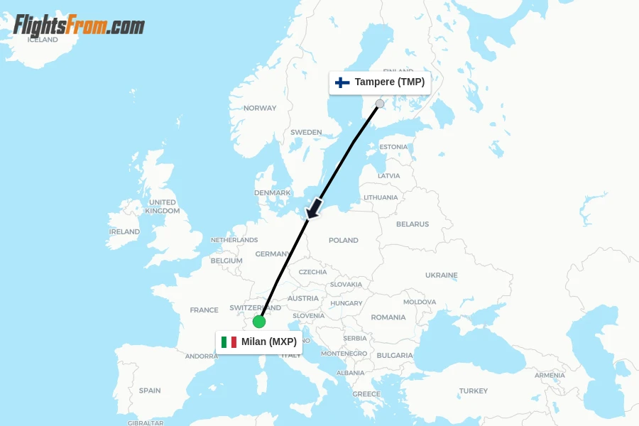 Flights from Tampere to Milan route map