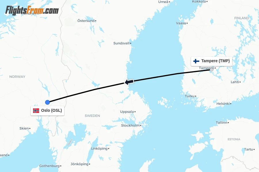 Flights from Tampere to Oslo route map