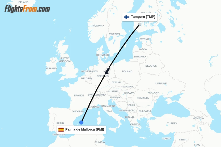 Flights from Tampere to Palma de Mallorca route map