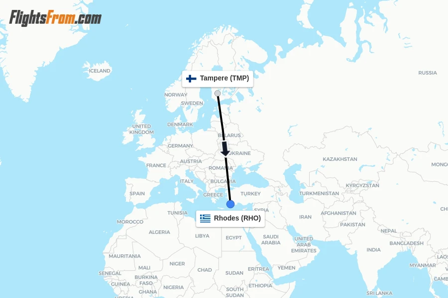 Flights from Tampere to Rhodes route map