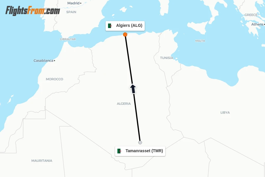 Flights from Tamanrasset to Algiers route map