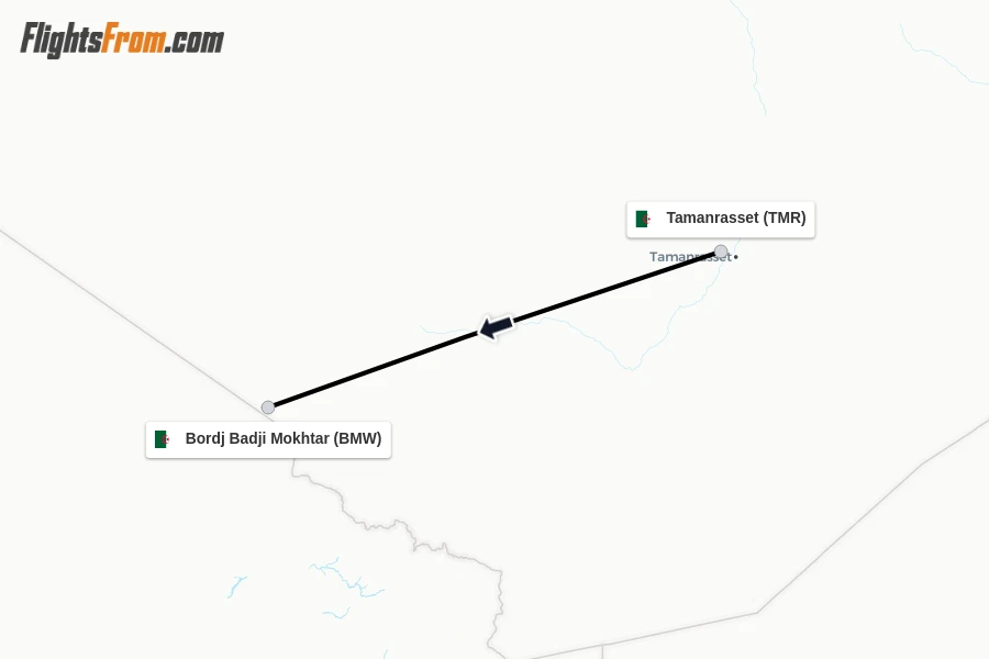 Flights from Tamanrasset to Bordj Badji Mokhtar route map