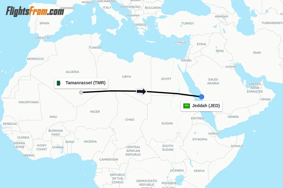 Flights from Tamanrasset to Jeddah route map