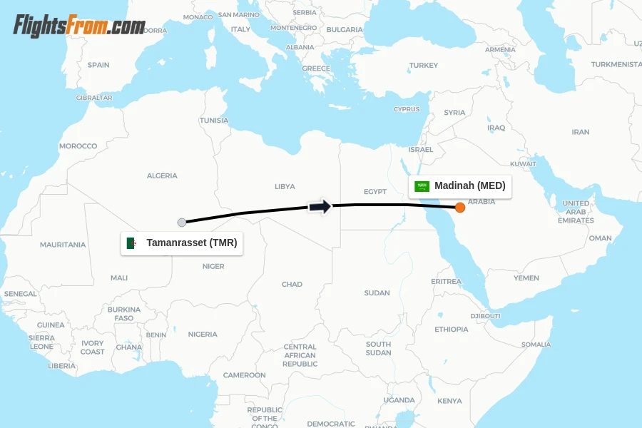 Flights from Tamanrasset to Madinah route map