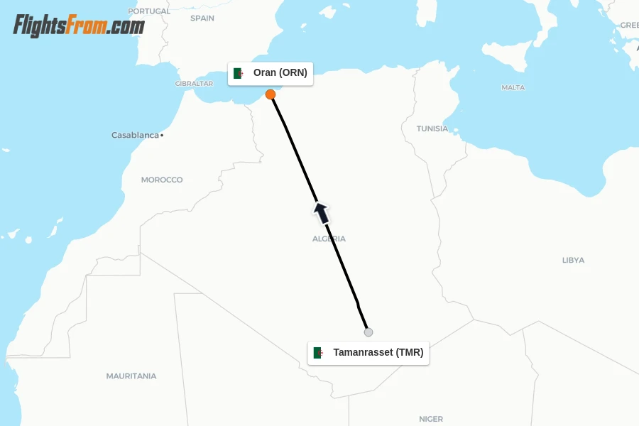Flights from Tamanrasset to Oran route map