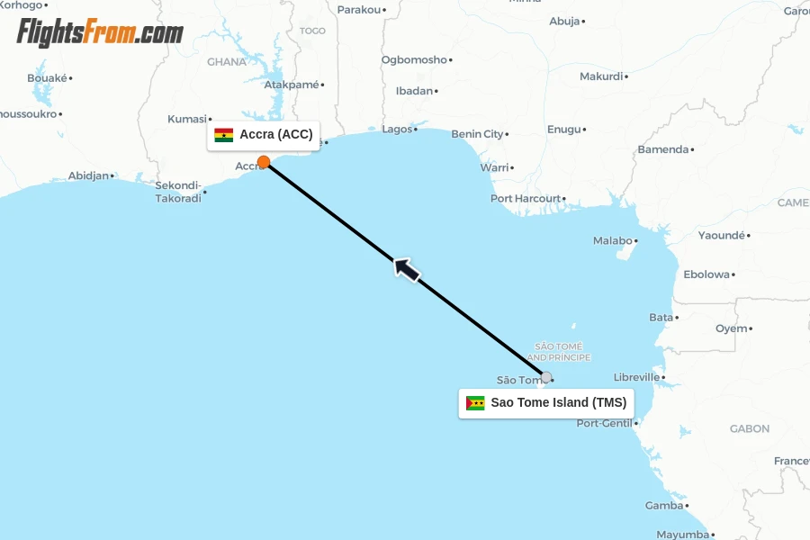 Flights from Sao Tome Island to Accra route map