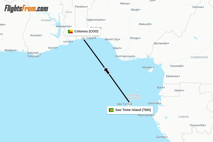 Flights from Sao Tome Island to Cotonou route map