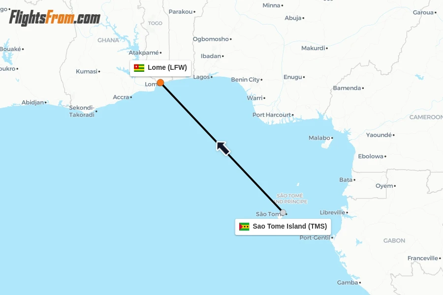 Flights from Sao Tome Island to Lome route map