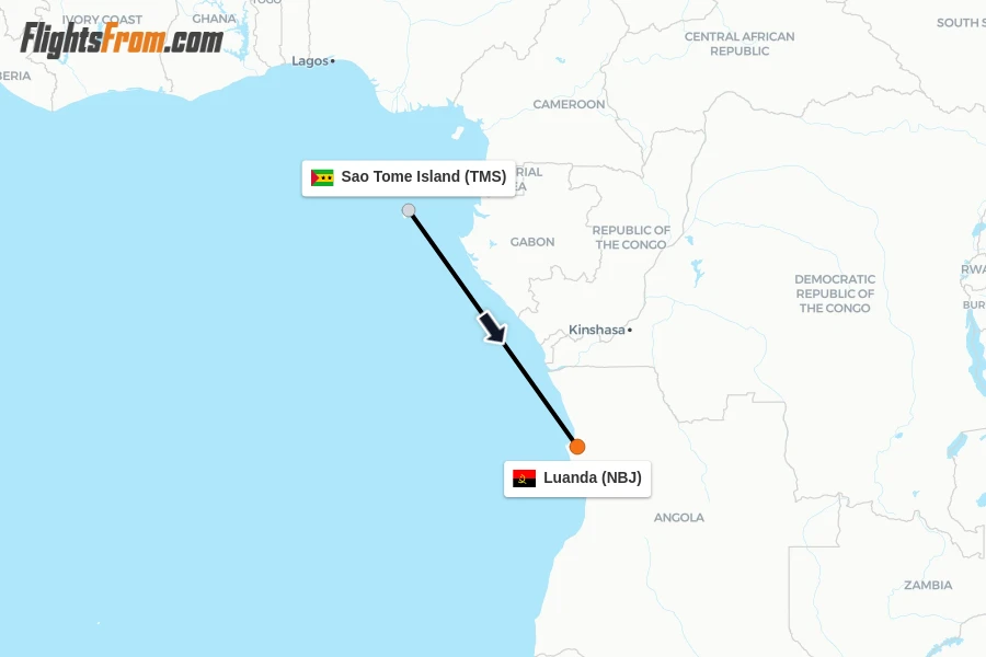 Flights from Sao Tome Island to Luanda route map
