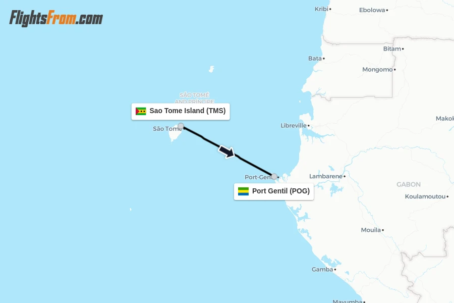 Flights from Sao Tome Island to Port Gentil route map