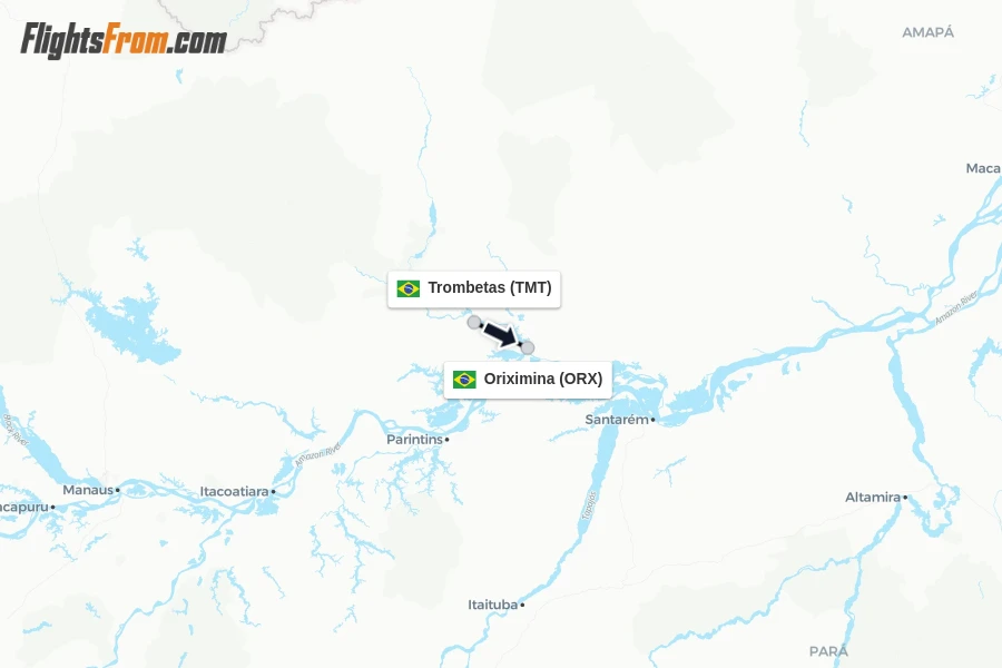 Flights from Trombetas to Oriximina route map
