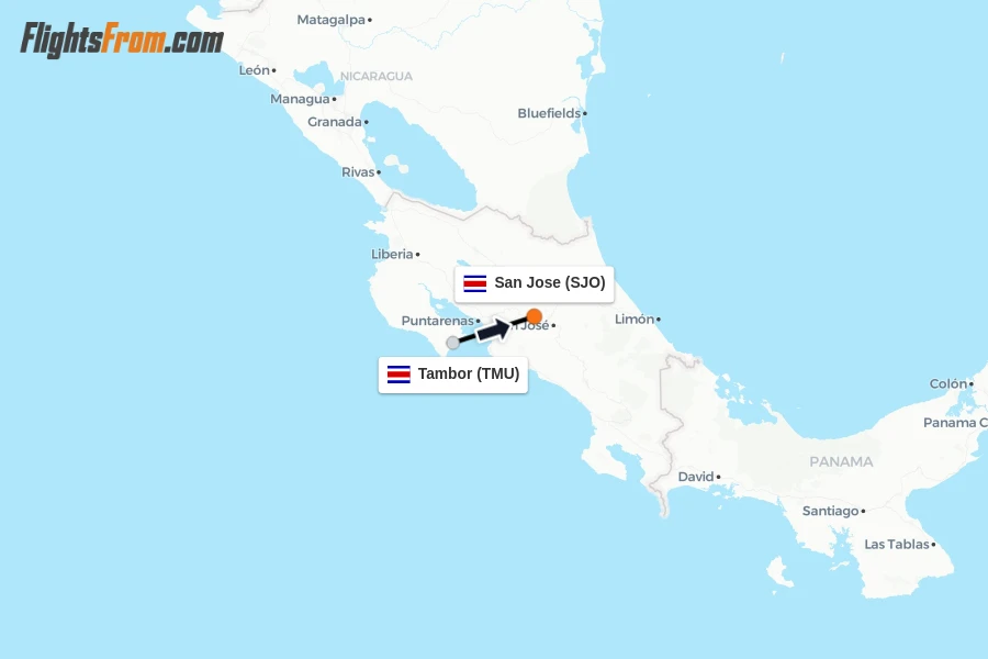 Flights from Tambor to San Jose route map