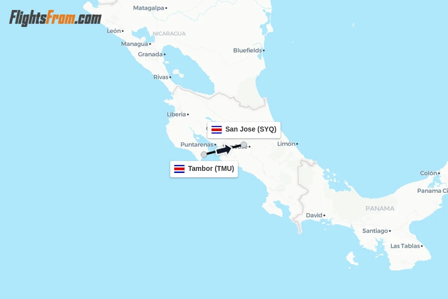 Flights from Tambor to San Jose route map