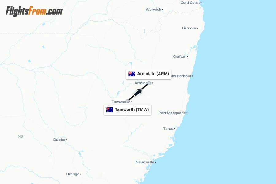 Flights from Tamworth to Armidale route map