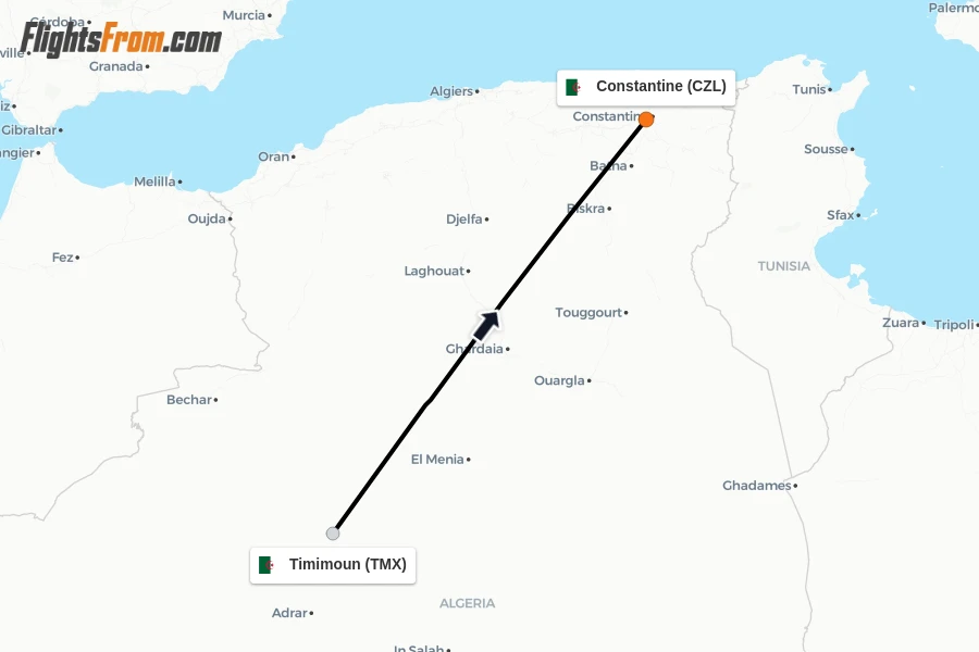 Flights from Timimoun to Constantine route map