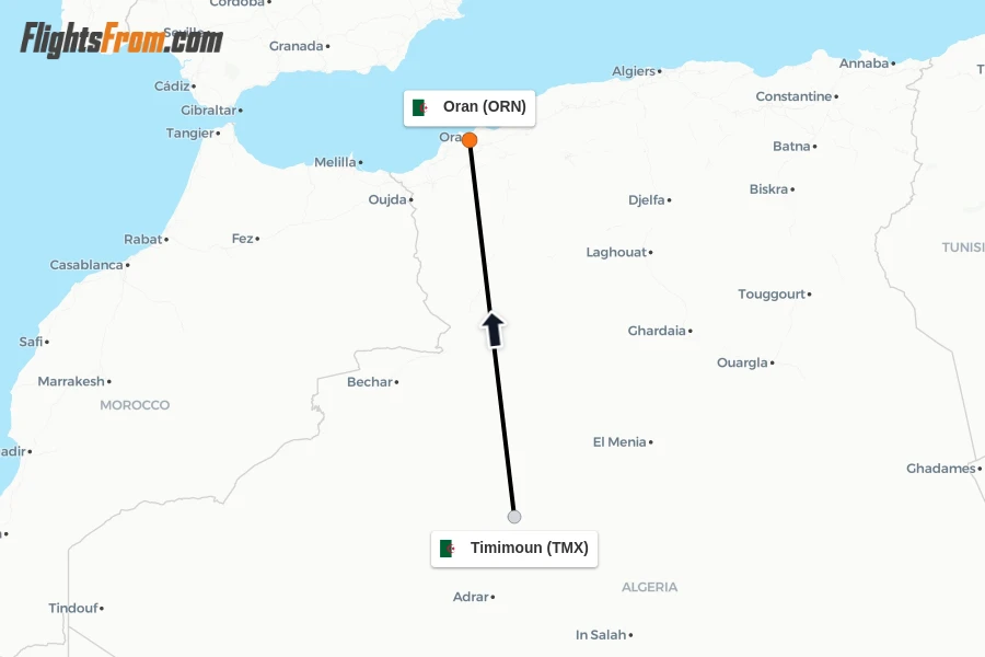Flights from Timimoun to Oran route map