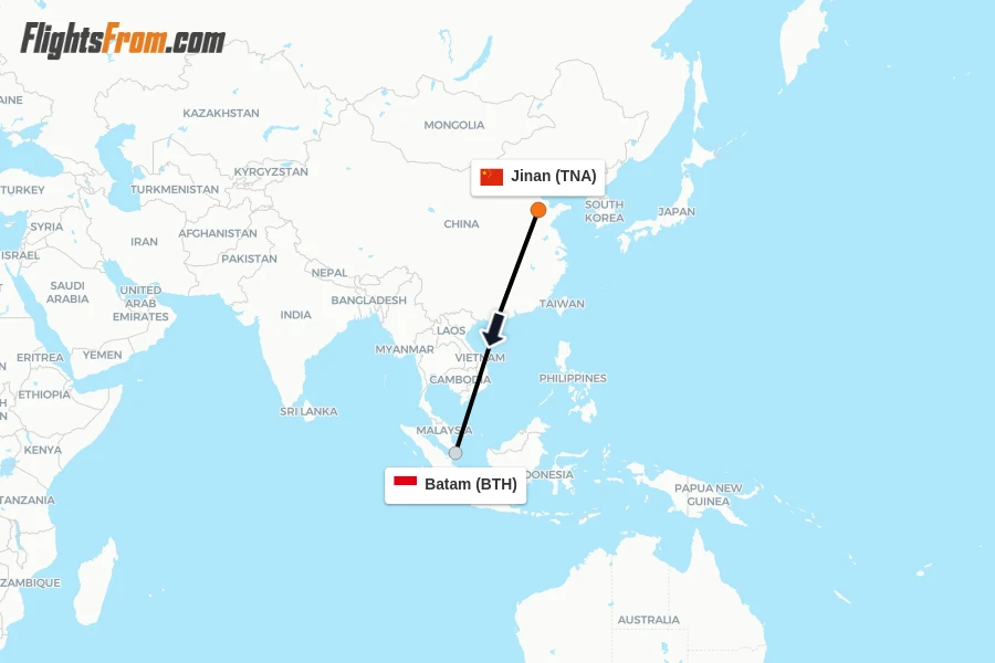 Flights from Jinan to Batam route map