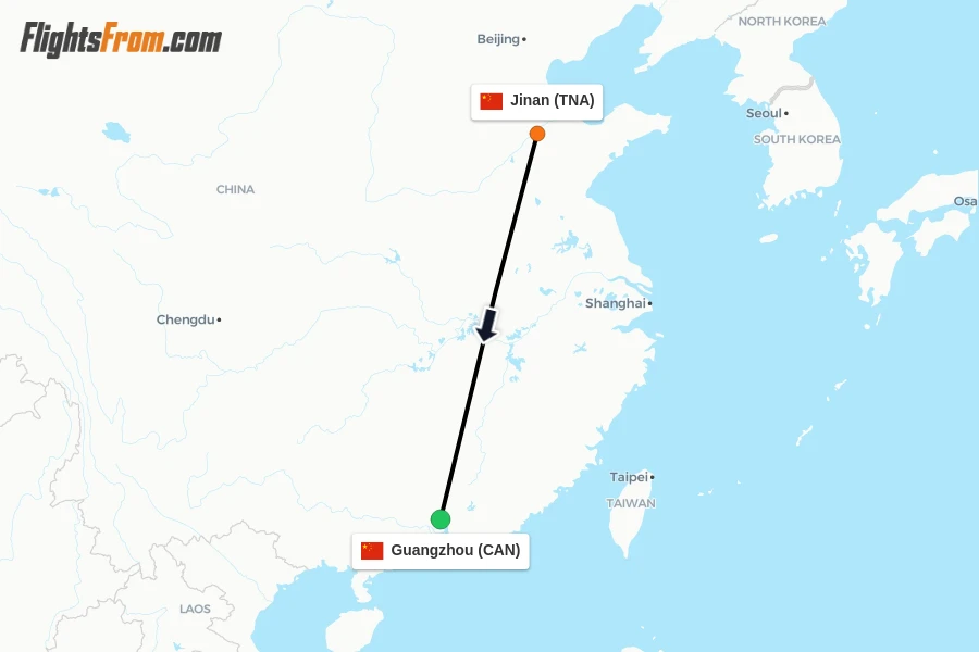 Flights from Jinan to Guangzhou route map