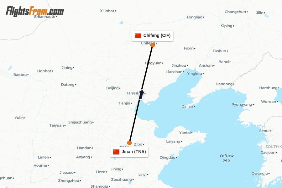 Flights from Jinan to Chifeng route map