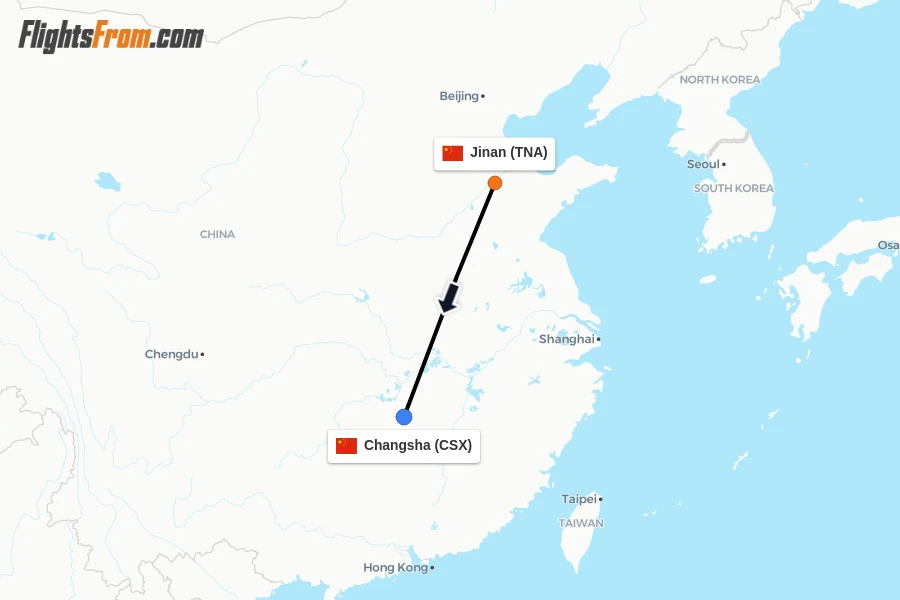 Flights from Jinan to Changsha route map