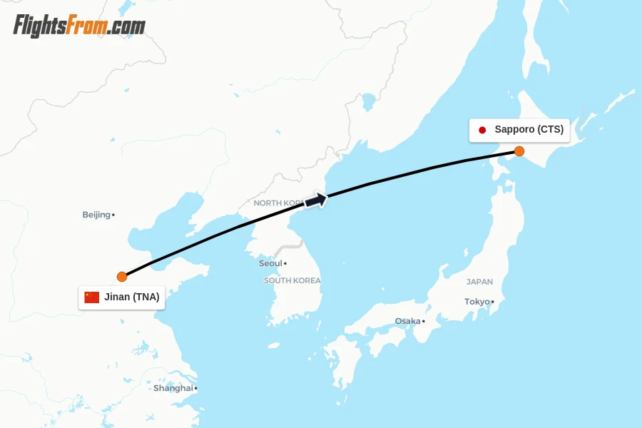Flights from Jinan to Sapporo route map