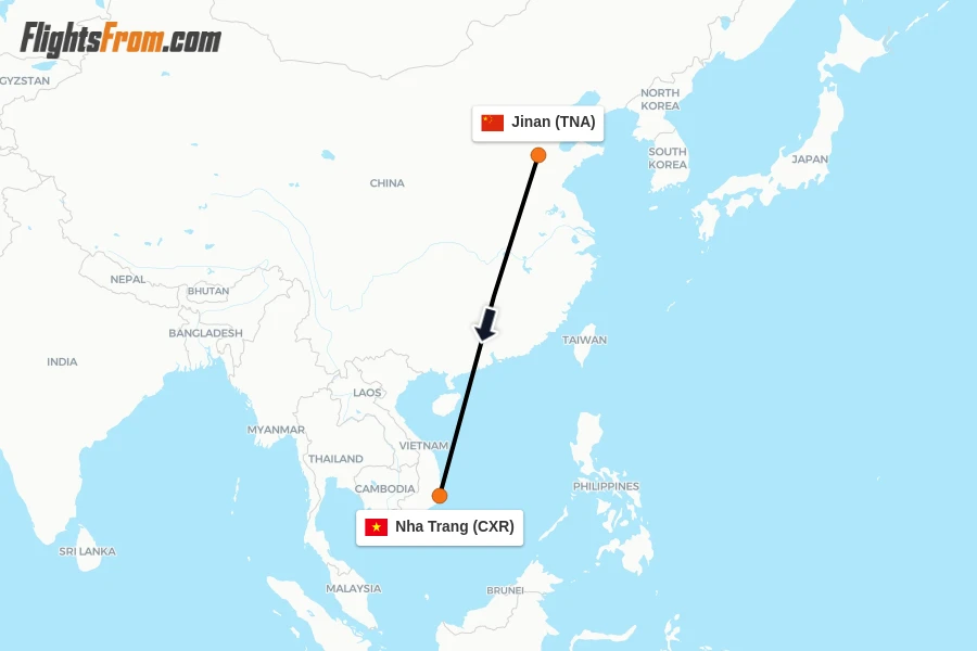 Flights from Jinan to Nha Trang route map