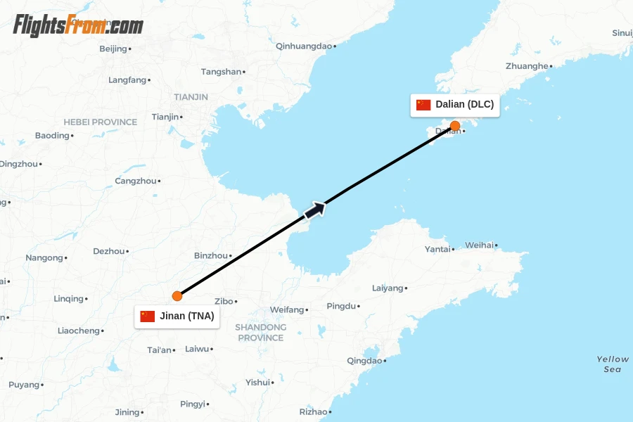 Flights from Jinan to Dalian route map
