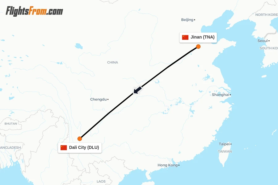 Flights from Jinan to Dali City route map