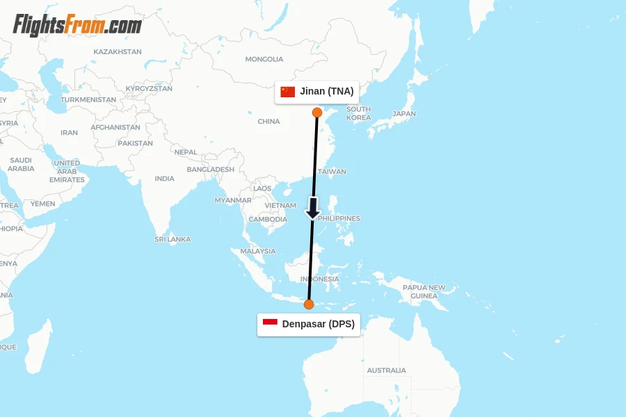 Flights from Jinan to Denpasar route map