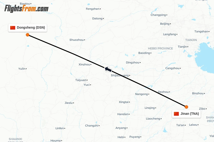 Flights from Jinan to Dongsheng route map