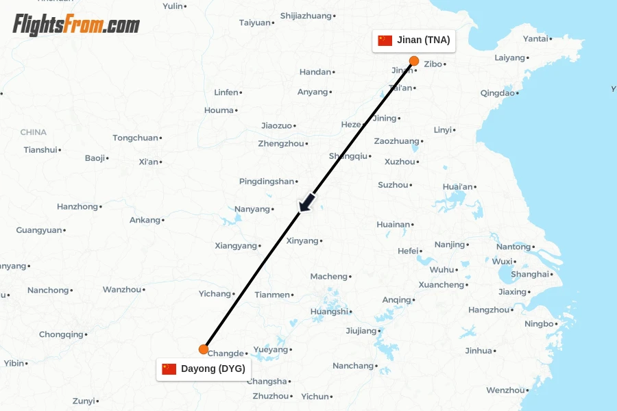 Flights from Jinan to Dayong route map