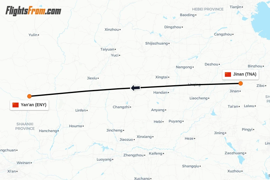 Flights from Jinan to Yan'an route map