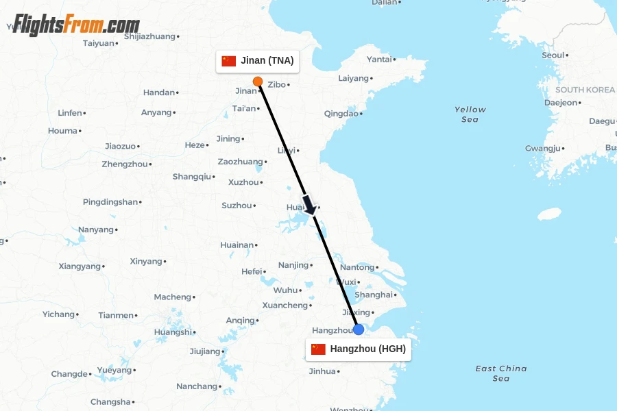 Flights from Jinan to Hangzhou route map