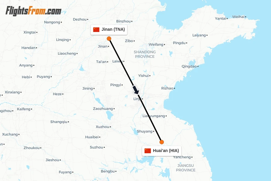 Flights from Jinan to Huai'an route map