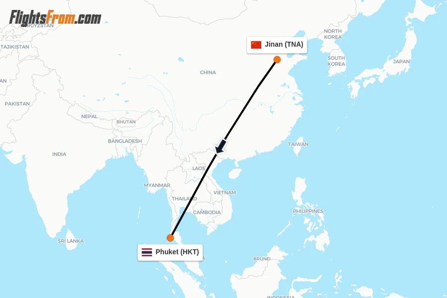 Flights from Jinan to Phuket route map