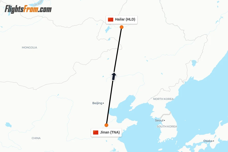 Flights from Jinan to Hailar route map