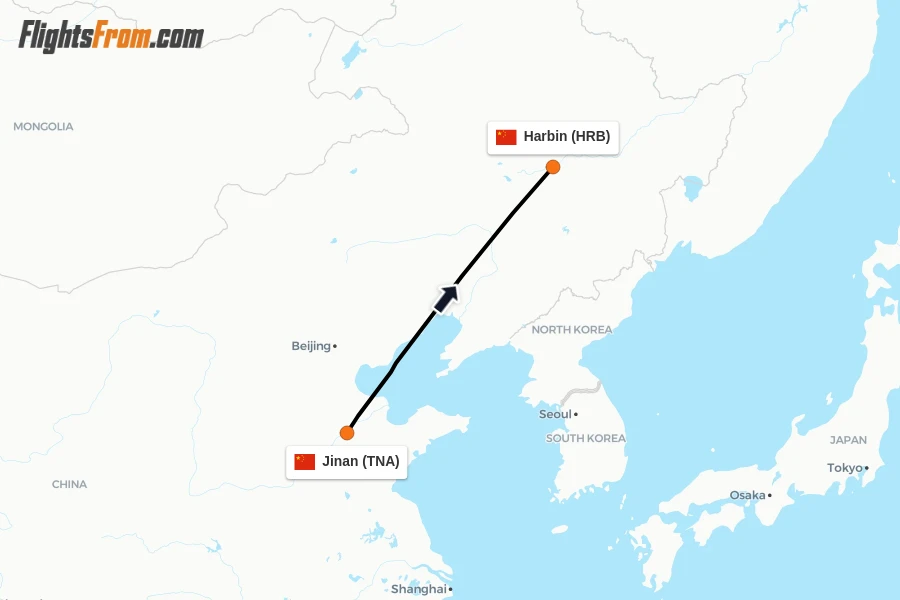 Flights from Jinan to Harbin route map