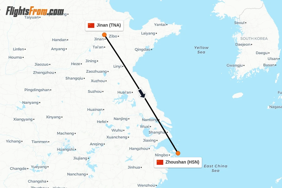 Flights from Jinan to Zhoushan route map