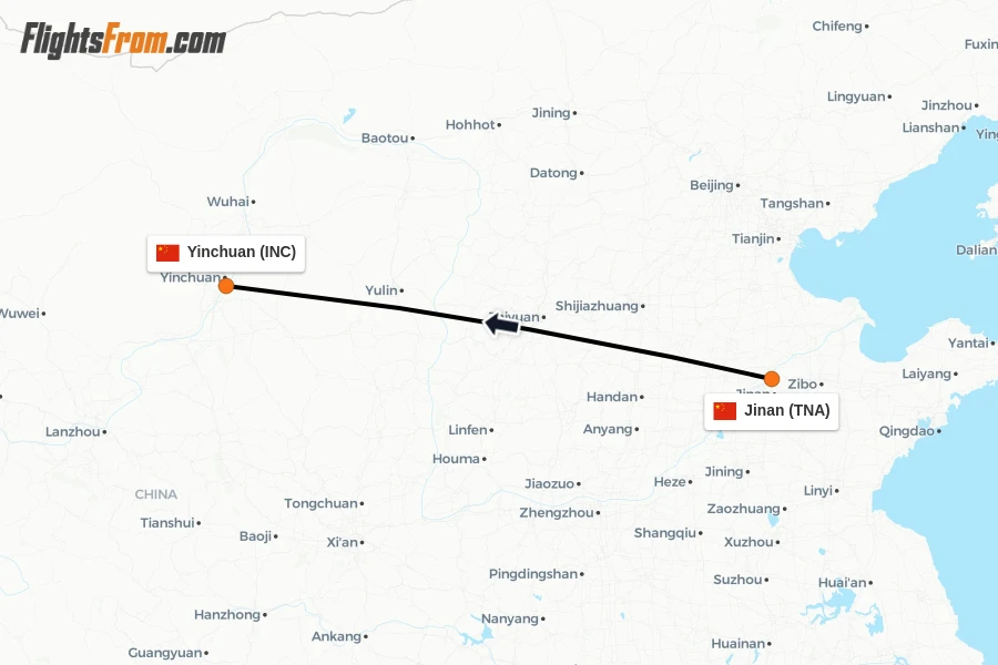 Flights from Jinan to Yinchuan route map
