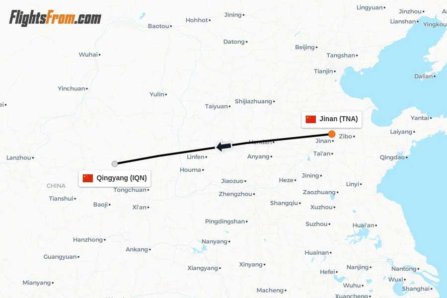 Flights from Jinan to Qingyang route map